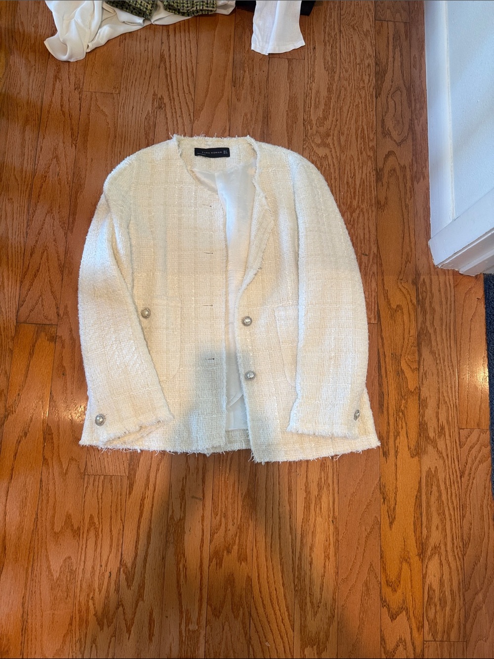 Zara Cream Tweed Pearl-Button Blazer